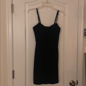 LBD black dress w/ruching and chain straps